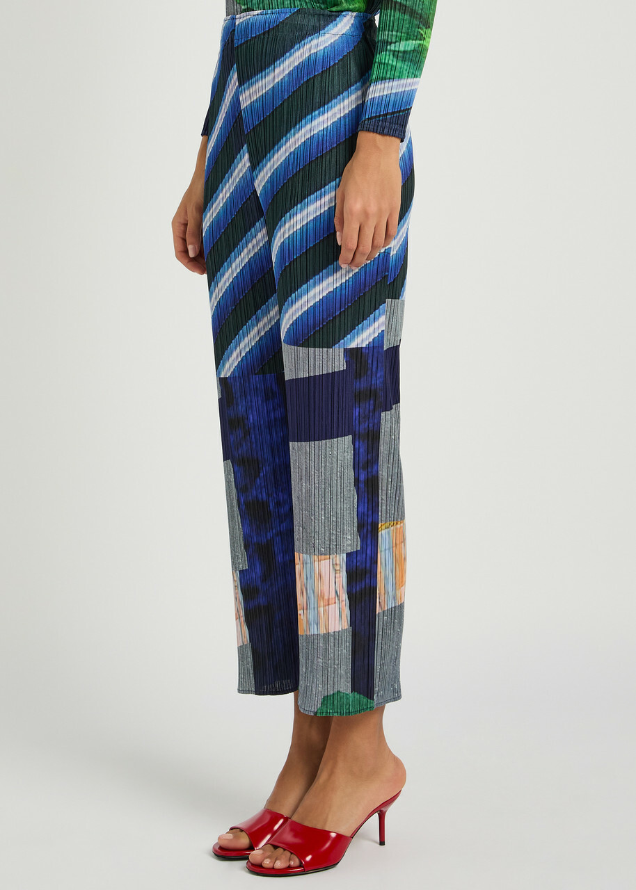 Pleats Please Issey Miyake City College Printed Woven Pleated Trousers Grey