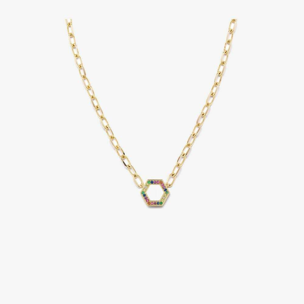 Harwell Godfrey 18K Yellow Gold Rainbow Sapphire Hexagon Necklace