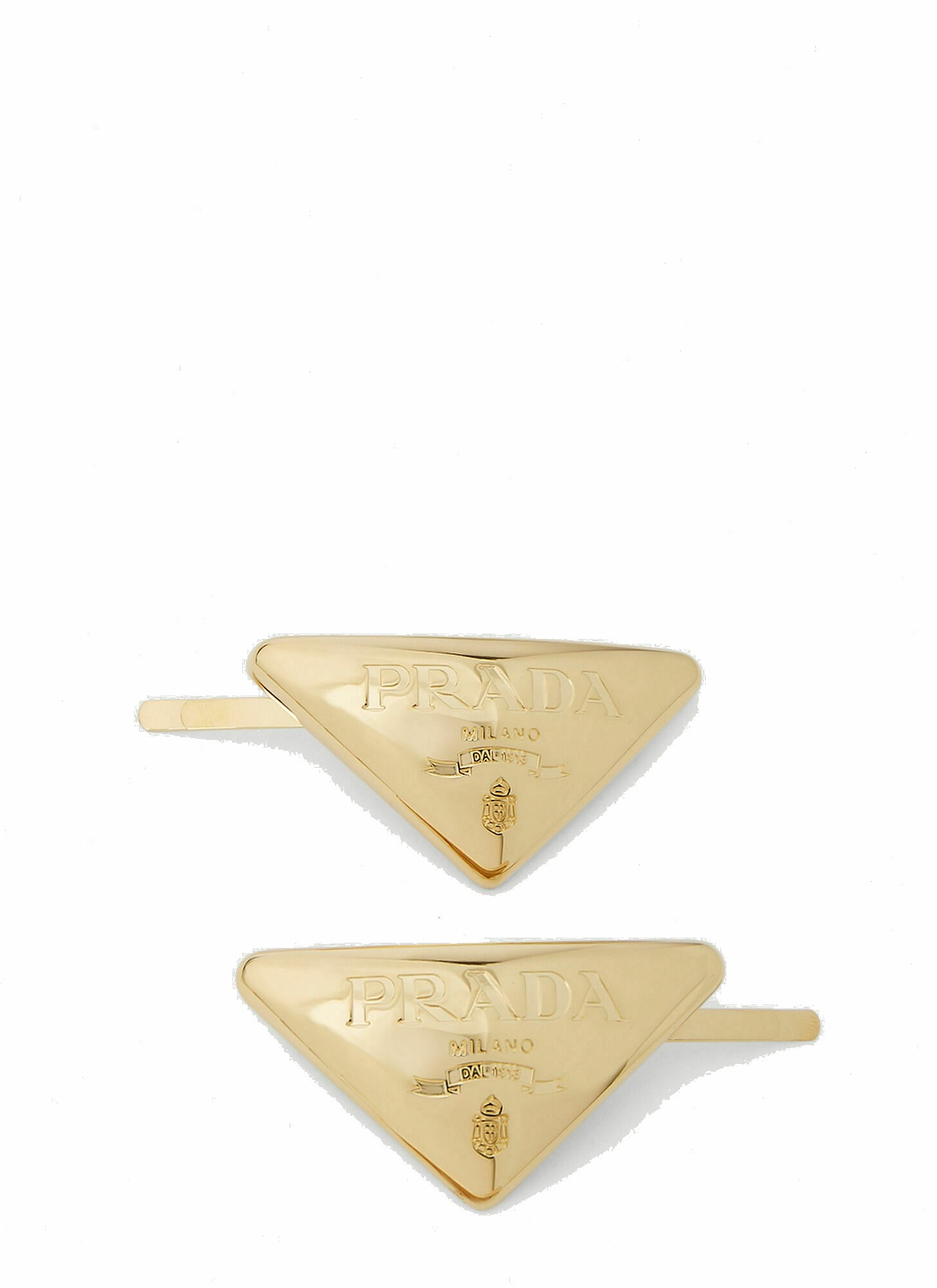 Photo: Prada - Set of Two Triangle Hair Slides in Gold