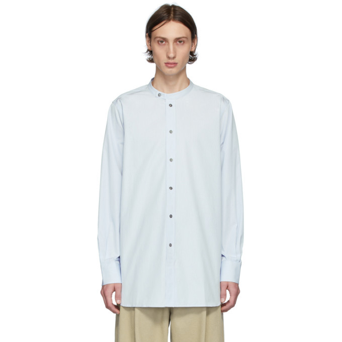 Photo: Studio Nicholson Blue and White Thomas Mason Edition Stand Collar Shirt