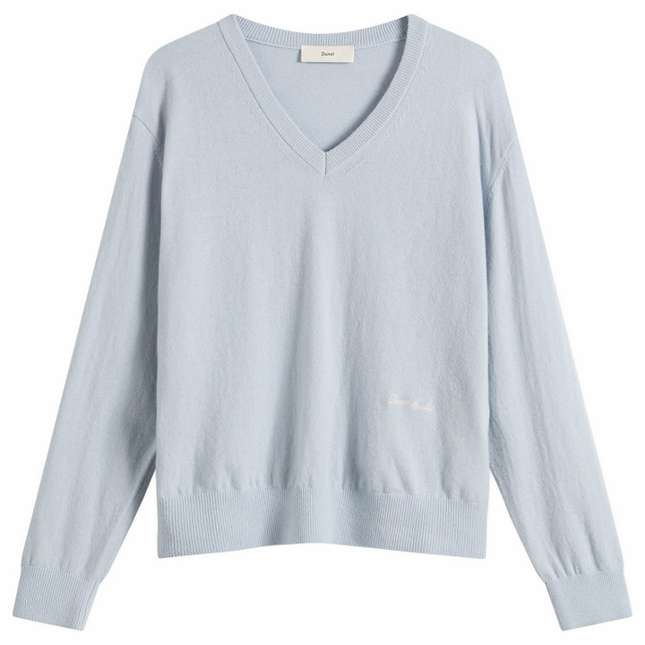 Photo: DUNST Women's Soft V-Neck Sweater in Soft Blue