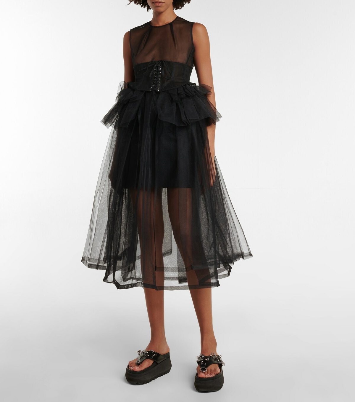 Noir Kei Ninomiya - Corset ruffled tulle midi dress Noir Kei
