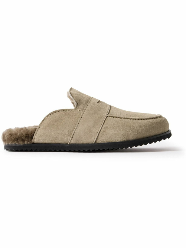 Photo: Mr P. - David Shearling-Lined Suede Slippers - Brown