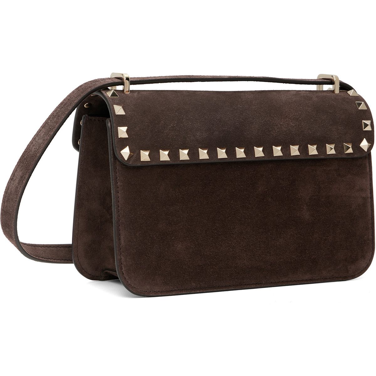Valentino Garavani Brown Rockstud Small Shoulder Suede Bag