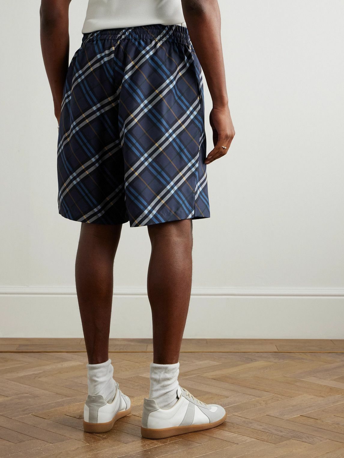Burberry - Straight-Leg Checked Mulberry Silk-Satin Shorts - Blue