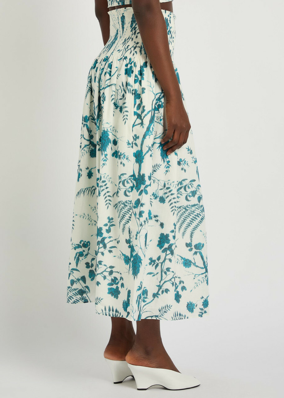 Erdem Floral-print Cotton and Linen-blend Midi Skirt Blue