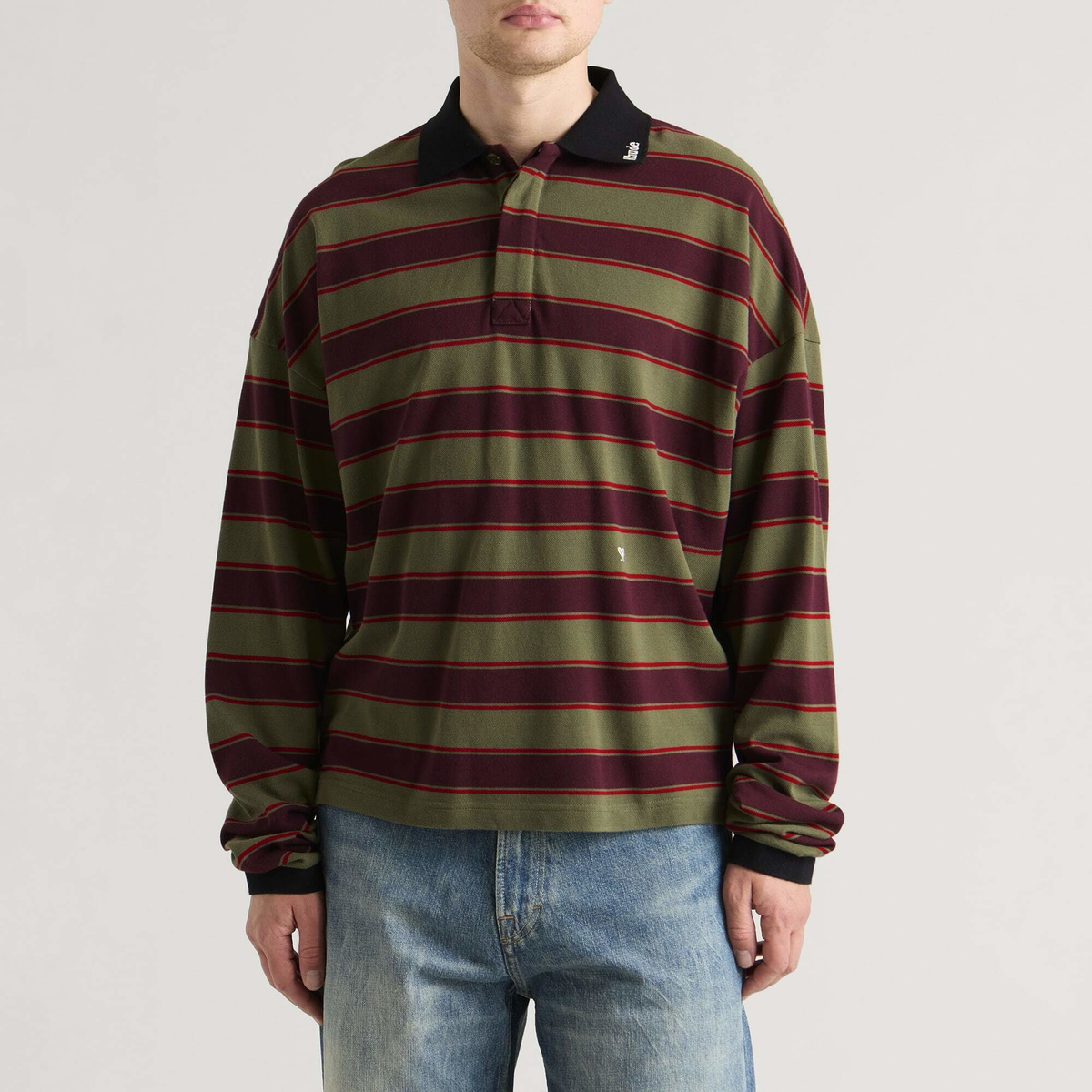Rhude Men's Fontaine Striped Polo Shirt in Bordeaux/Olive Green