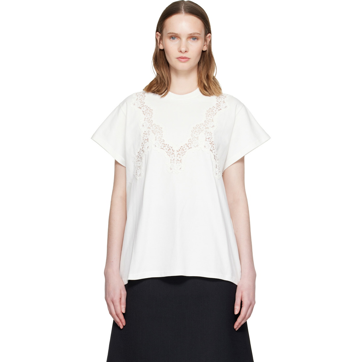 Stella McCartney White Lace Mix Washed Jersey Cotton T-shirt
