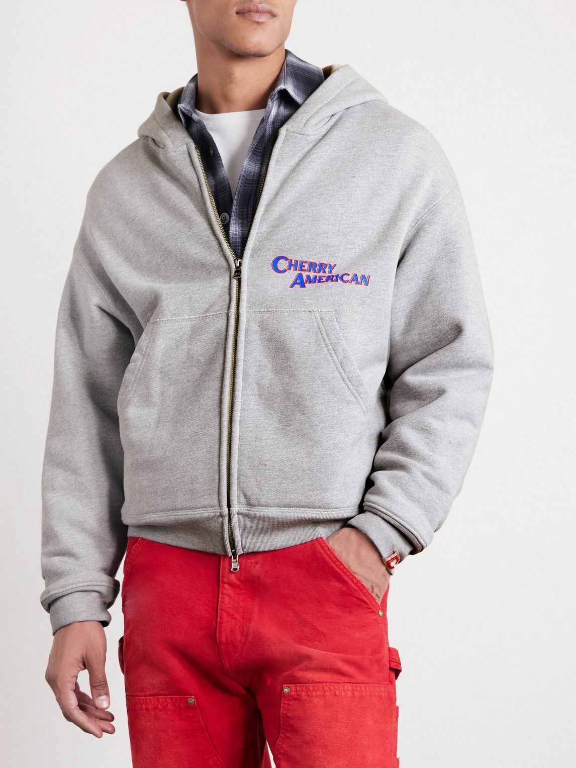 Cherry Los Angeles - Logo-Print Cotton-Blend Jersey Zip-Up Hoodie - Gray