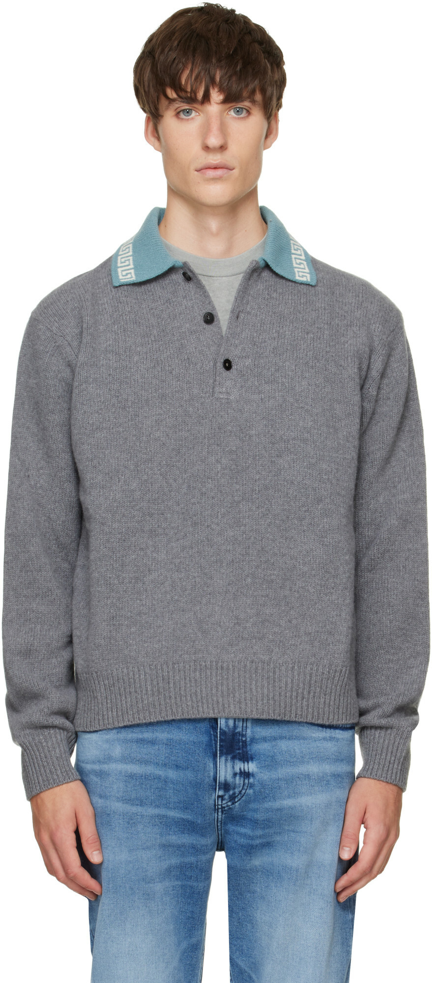 Versace Gray Wool & Cashmere Knit Polo