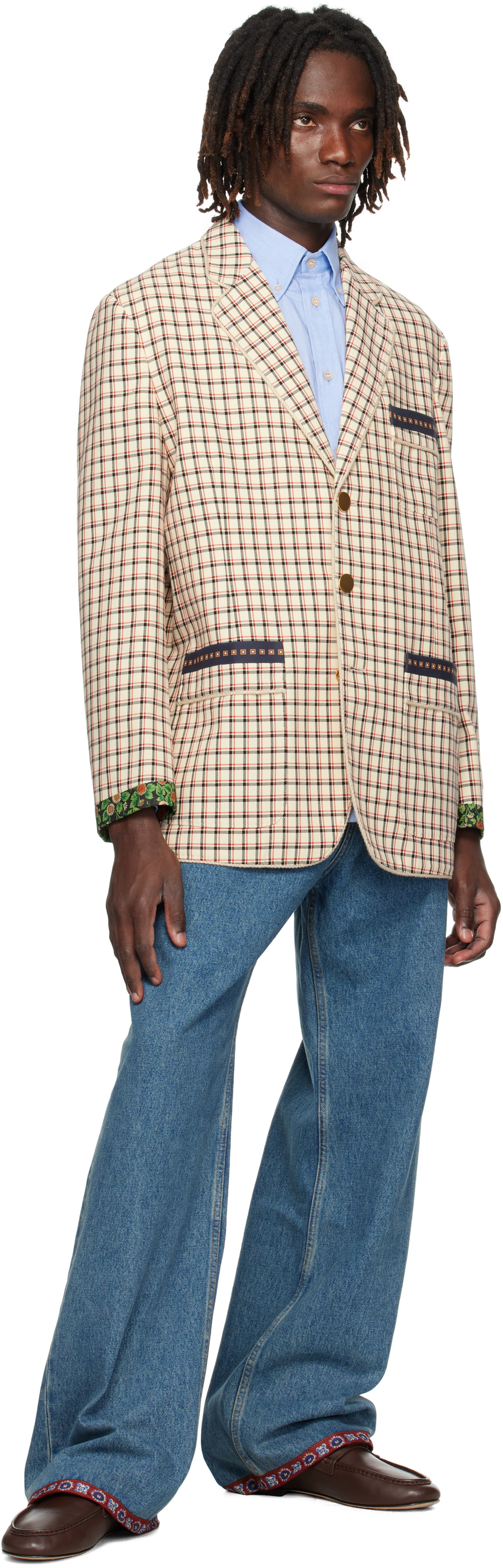 Valentino Beige Check Pattern Single-Breasted Cotton Blazer