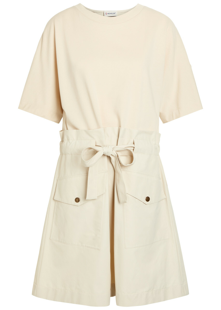 Moncler Belted Cotton Mini T-shirt Dress Ivory