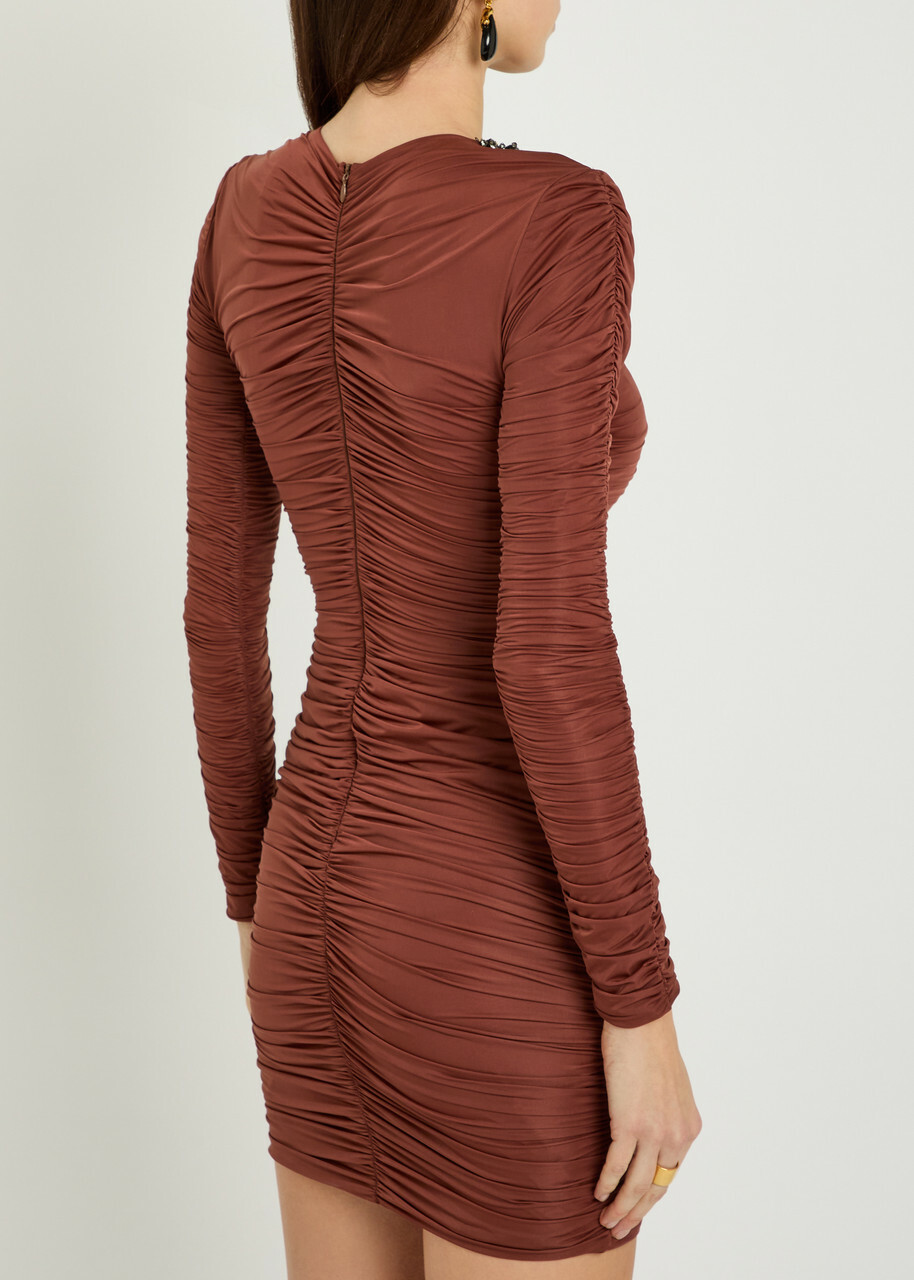 The New Arrivals Ilkyaz Ozel Ross Embellished Ruched Stretch-jersey Mini Dress Brown