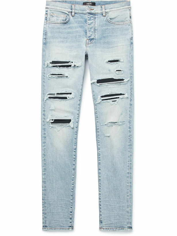 Photo: AMIRI - Thrasher Skinny-Fit Leather-Panelled Distressed Jeans - Blue