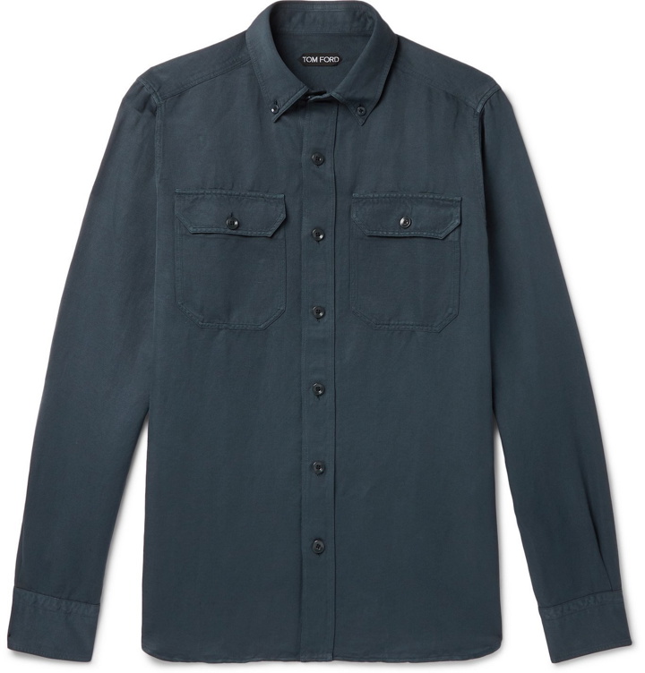 Photo: TOM FORD - Slim-Fit Button-Down Collar Garment-Dyed Linen and Cotton-Blend Shirt - Blue