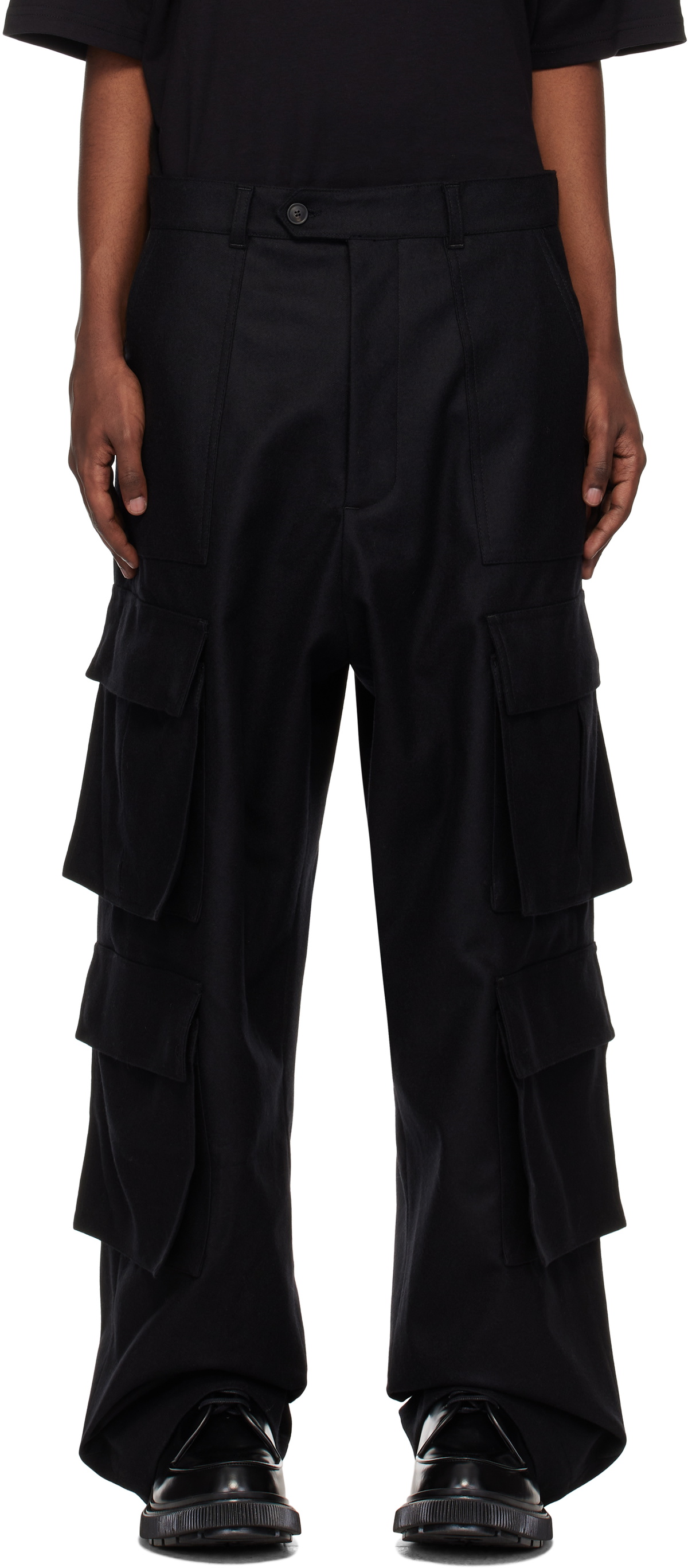 Lownn Black Flannel Wool Wide Leg Cargo Pants