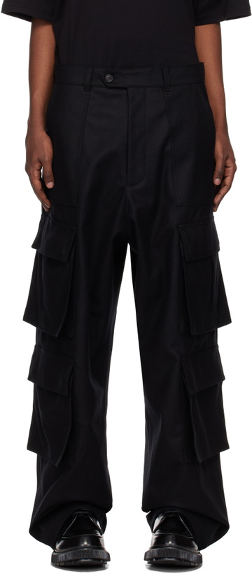 Photo: Lownn Black Flannel Wool Wide Leg Cargo Pants