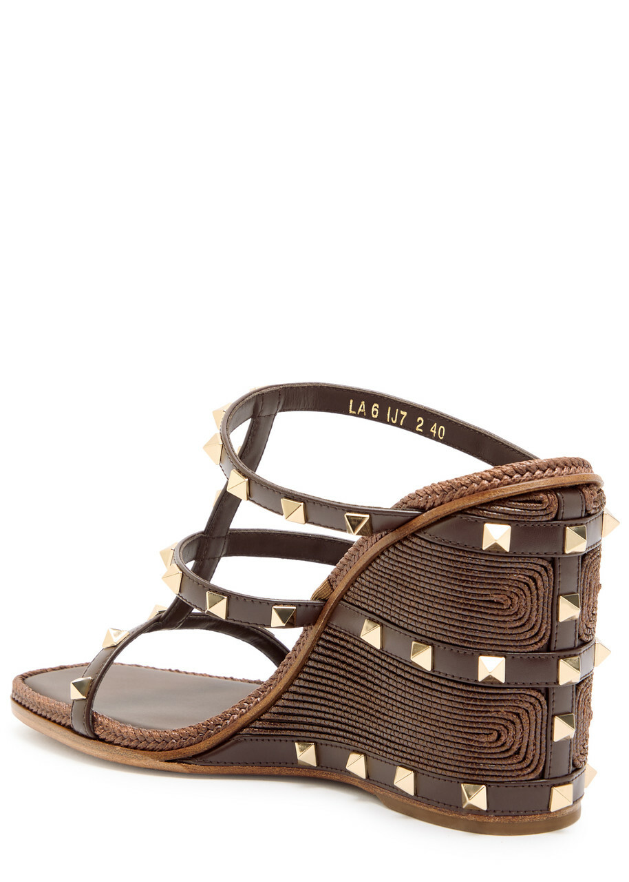 Valentino Rockstud 100 Leather Wedge Espadrilles Brown
