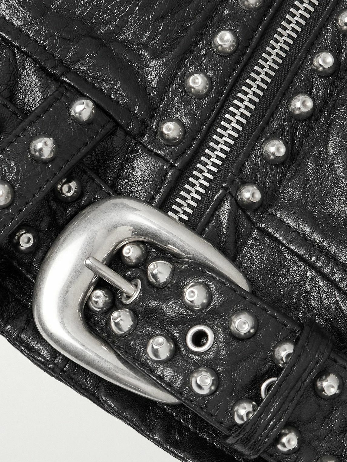 CELINE - Studded Belted Textured-Leather Jacket - Black