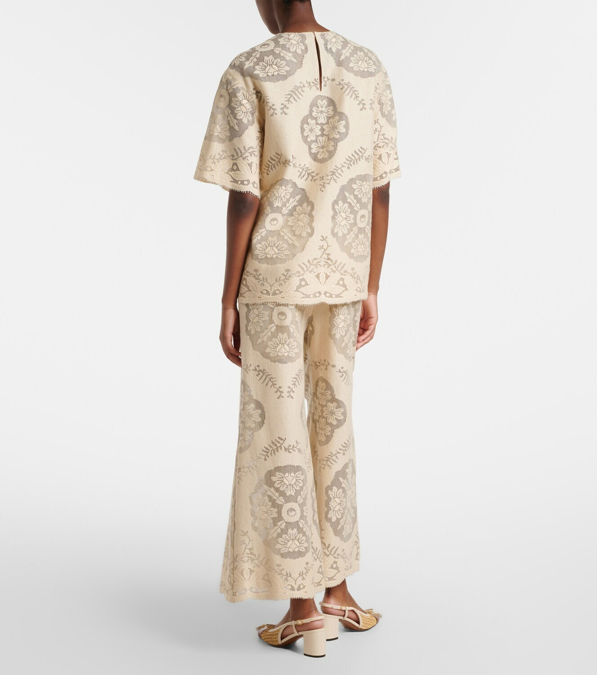Valentino Embroidered cotton-blend wide-leg pants