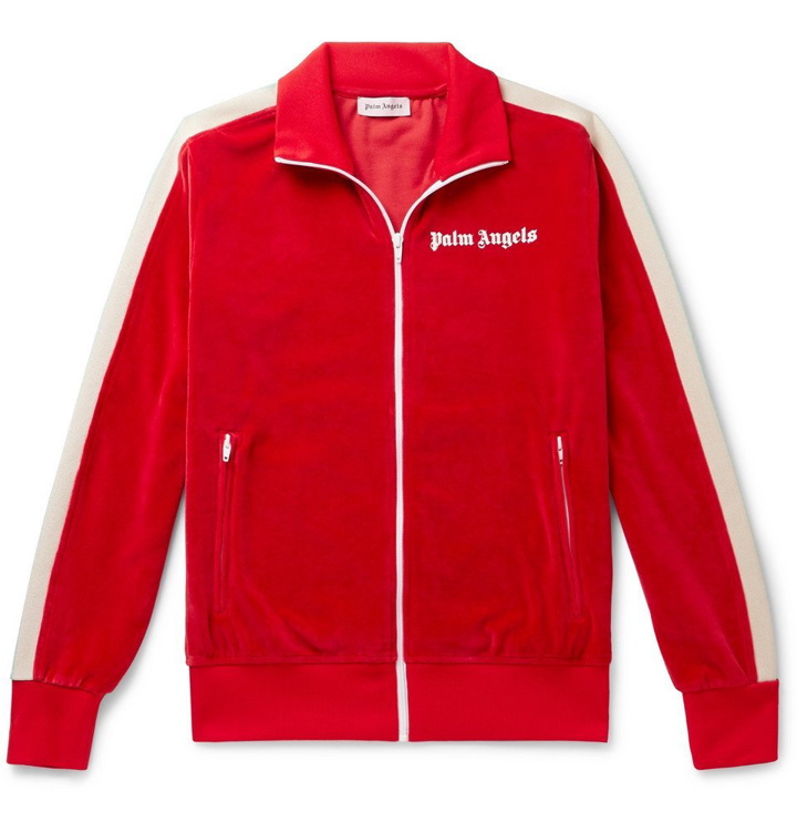 Photo: Palm Angels - Slim-Fit Logo-Print Webbing-Trimmed Cotton-Blend Velvet Track Jacket - Red
