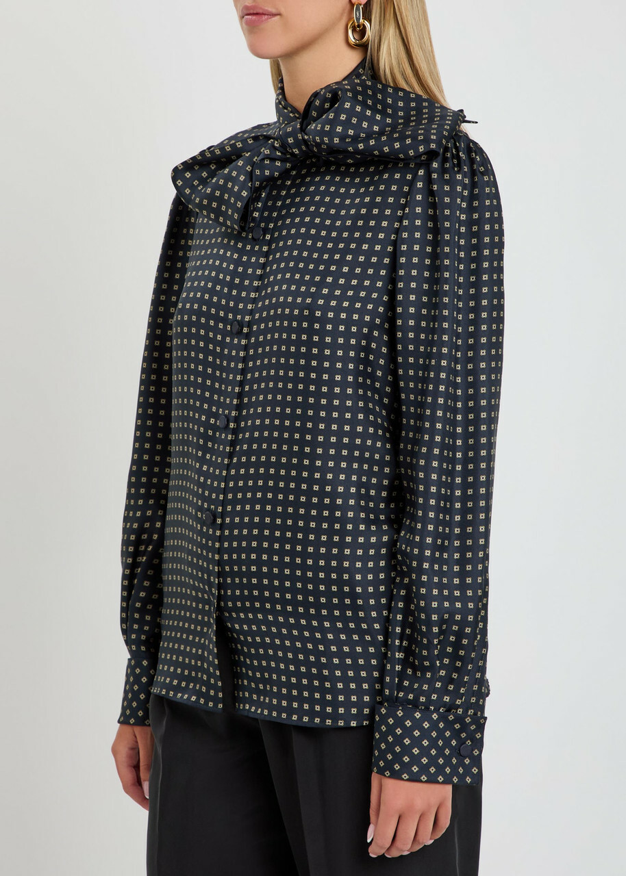 Saint Laurent Patterned Silk Blouse Dark Blue