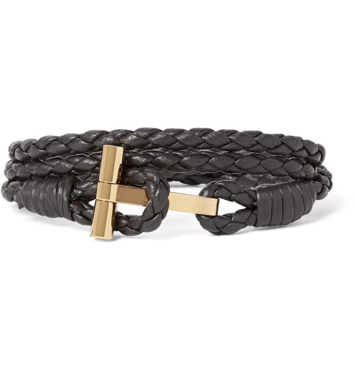 Photo: TOM FORD - Woven Leather and Gold-Plated Wrap Bracelet - Men - Brown