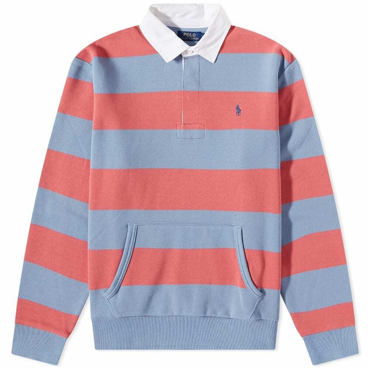 Photo: Polo Ralph Lauren Men's Kangaroo Pocket Striped Jersey Rugby Shirt in Adirondack Berry/Channel Blue