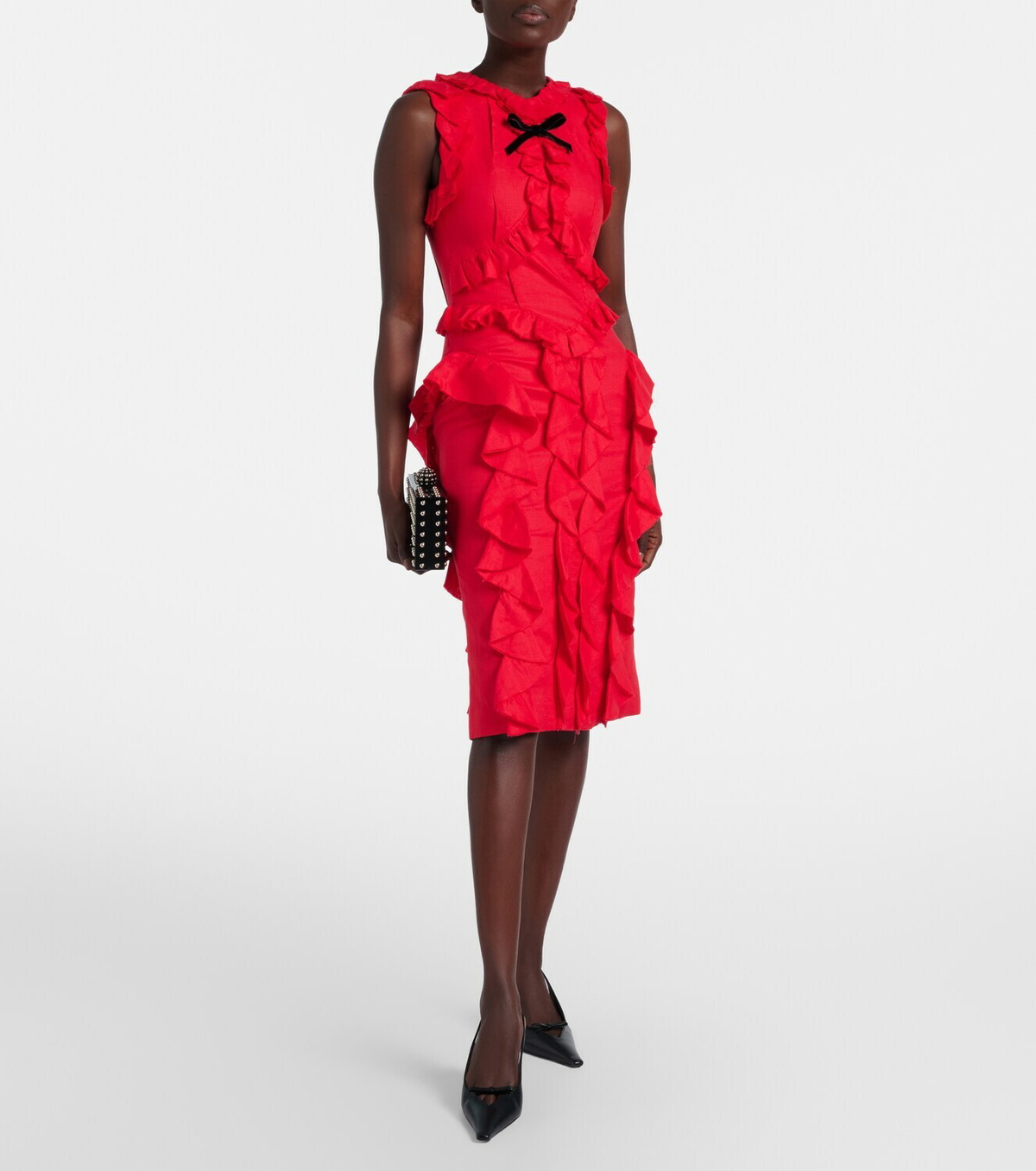 Shushu/Tong Bow-detail ruffled linen midi dress
