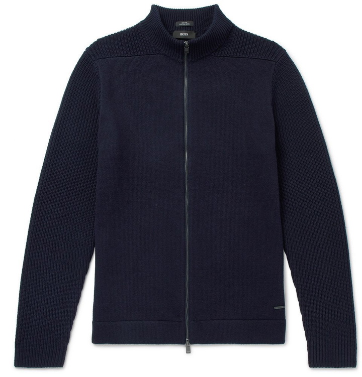 Photo: Hugo Boss - Slim-Fit Cotton and Virgin Wool-Blend Zip-Up Cardigan - Navy