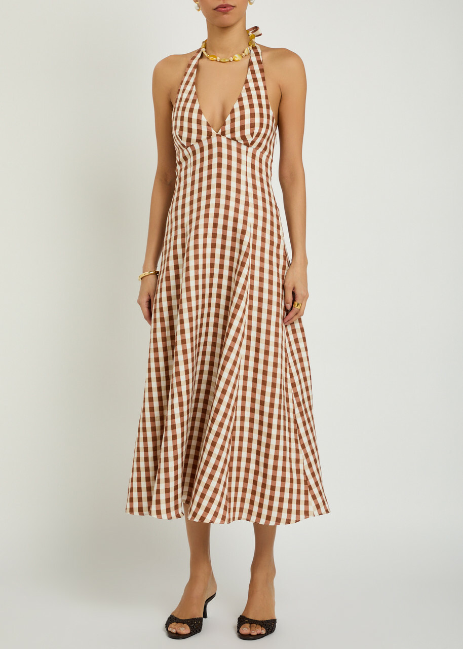 Faithfull The Brand Marais Gingham Linen Midi Dress Light Brown