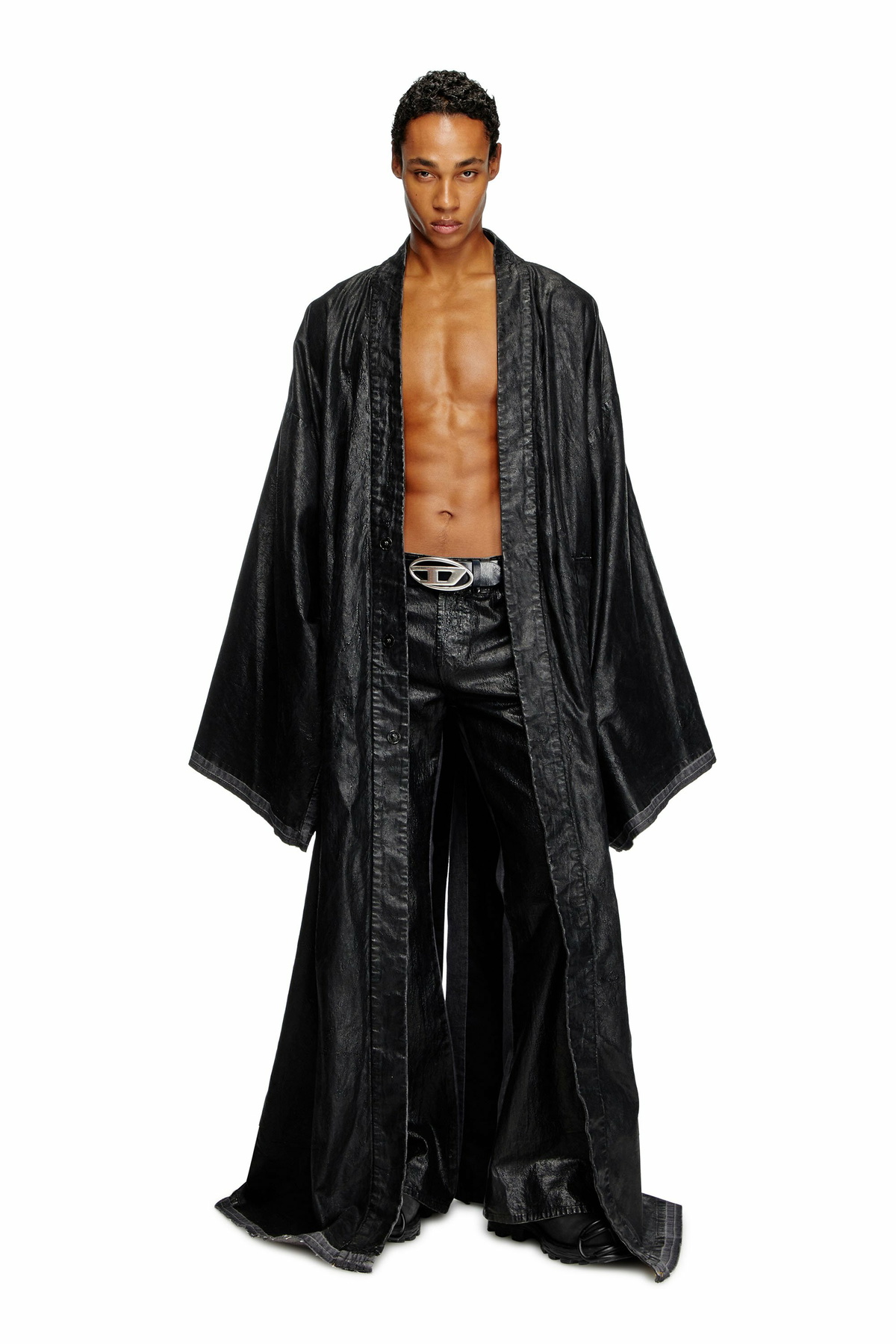 Diesel Denim kimono coat with coated front - Denim Jackets - Unisex - Black