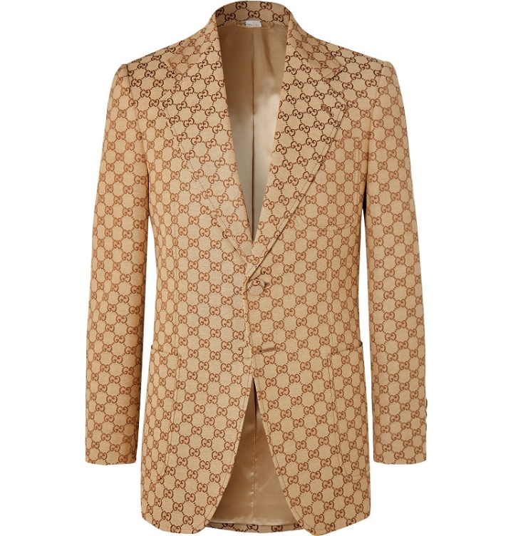 Photo: Gucci - Beige Slim-Fit Logo-Jacquard Cotton-Blend Suit Jacket - Brown