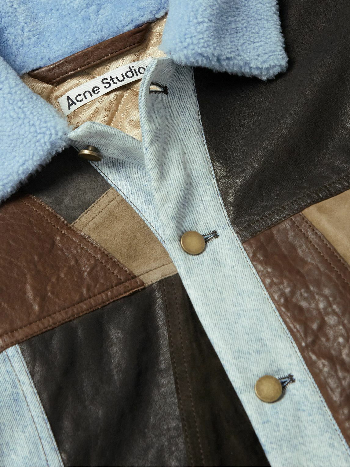 Shearling-Trimmed Patchwork Leather and Denim Jacket