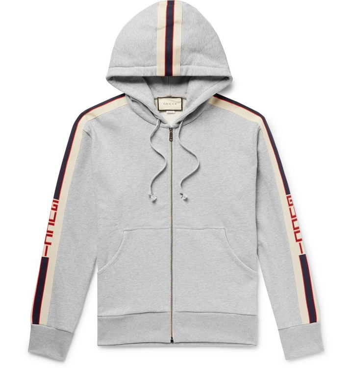 Photo: Gucci - Logo Webbing-Trimmed Loopback Cotton-Jersey Zip-Up Hoodie - Gray