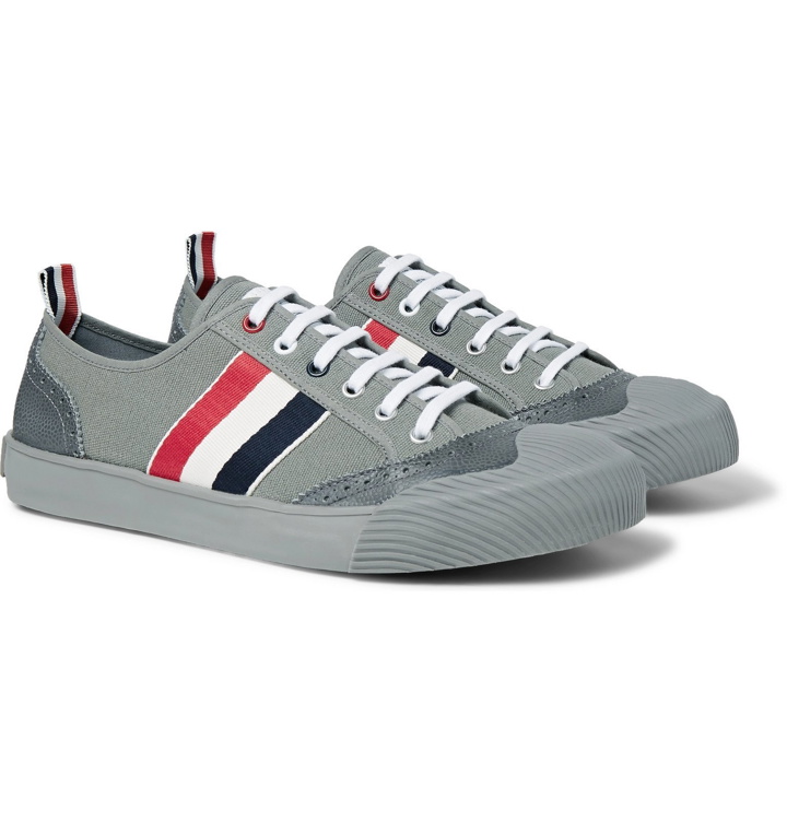 Photo: Thom Browne - Leather and Grosgrain-Trimmed Canvas Sneakers - Gray