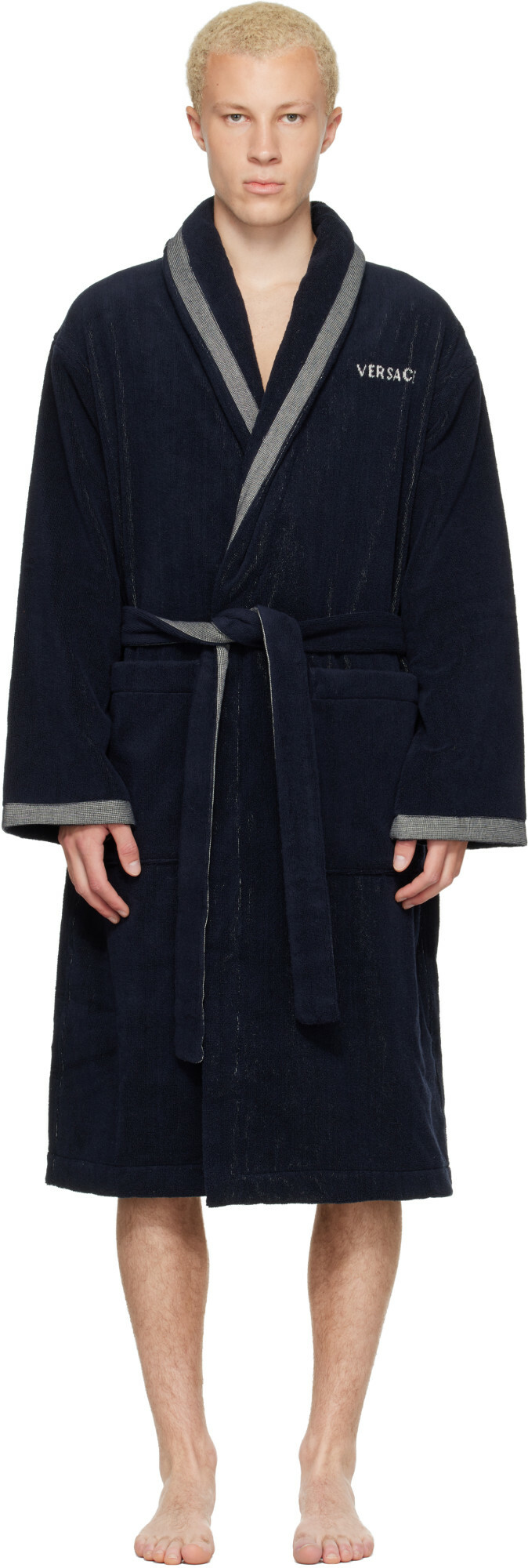Versace Navy Cotton-Terry Jacquard Bathrobe