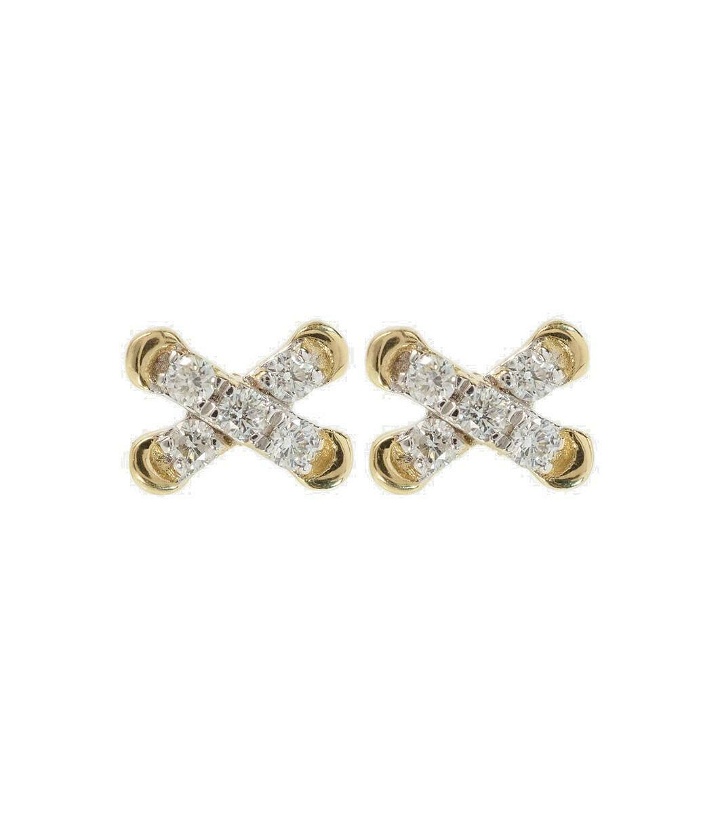 Photo: Stone and Strand Diamond Cross Stitch 14kt gold stud earrings with white diamonds