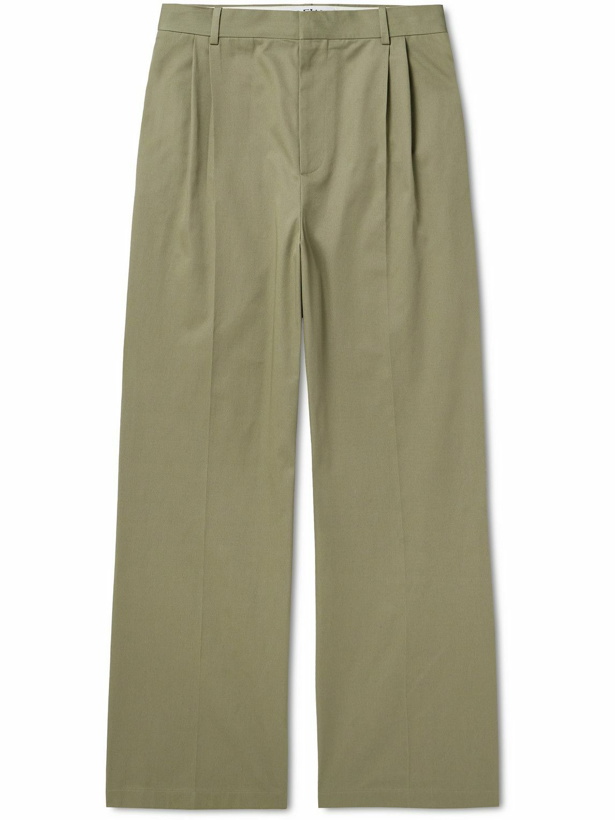 Photo: LOEWE - Wide-Leg Pleated Logo-Embroidered Cotton-Twill Trousers - Green