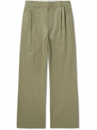 LOEWE - Wide-Leg Pleated Logo-Embroidered Cotton-Twill Trousers - Green