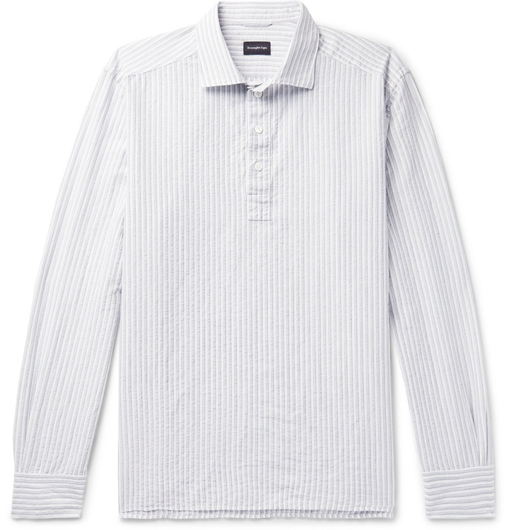 Photo: Ermenegildo Zegna - Striped Slub Cotton and Linen-Blend Half-Placket Shirt - White