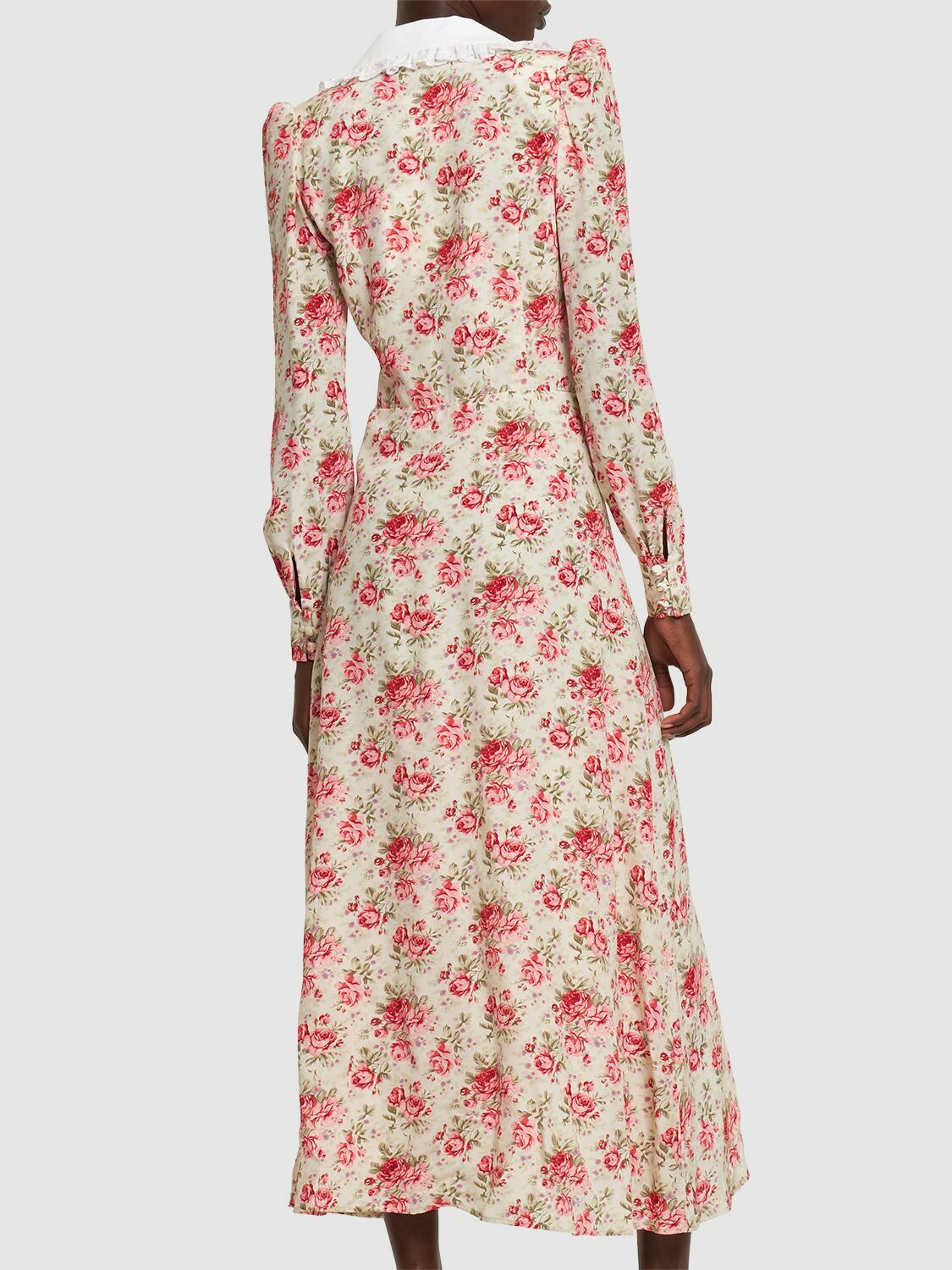 ALESSANDRA RICH - Printed Silk Twill Midi Dress W/ Collar