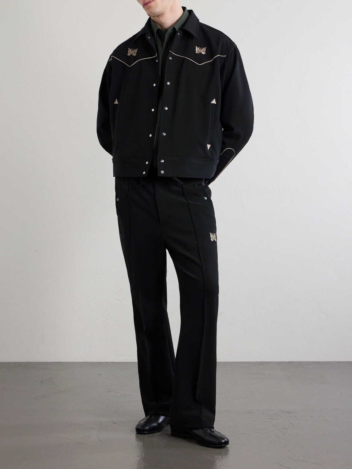 Needles - Piping Cowboy Straight-Leg Embroidered Woven Trousers - Black