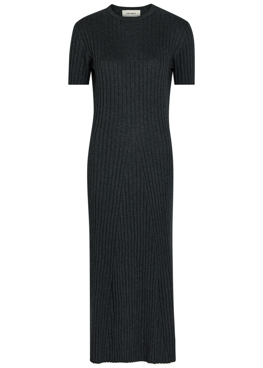 Lisa Yang Isabela Ribbed Cotton and Cashmere-blend Midi Dress Grey
