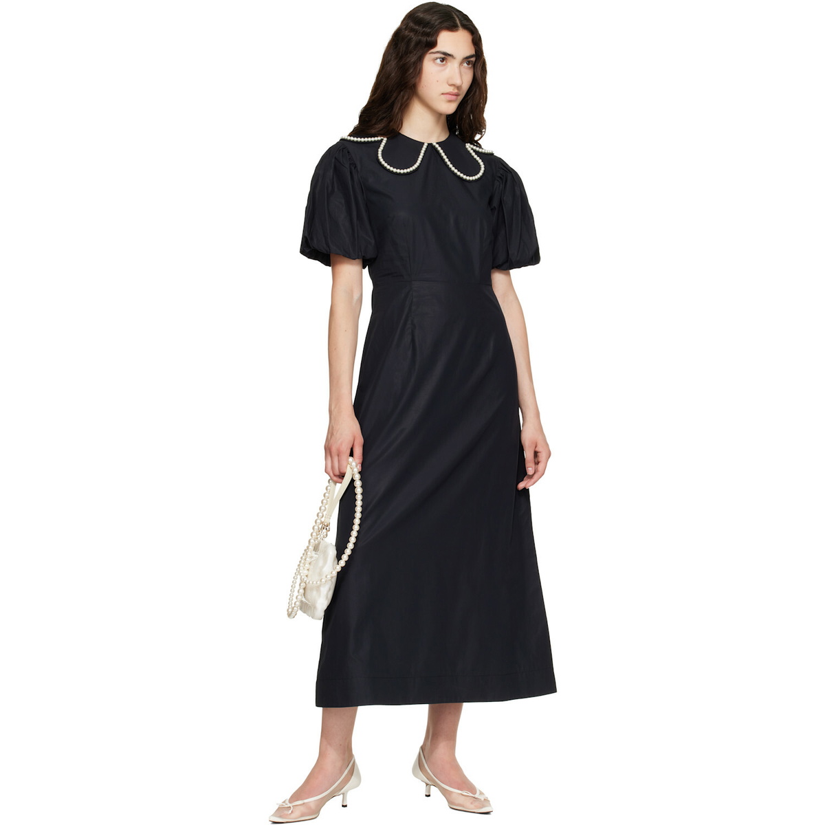 Simone Rocha Black Puff Sleeve Petal Collar Midi Dress
