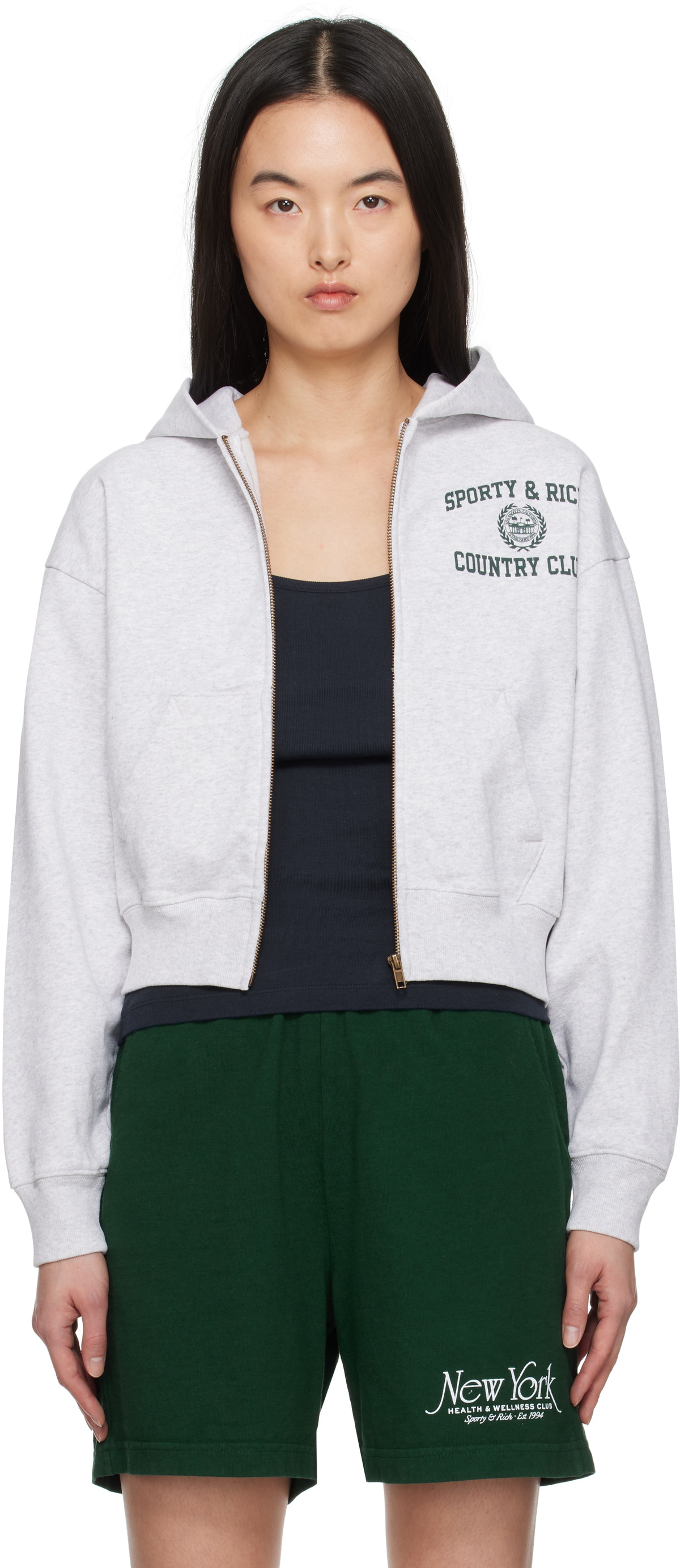 Sporty & Rich Gray Varsity Crest Cropped Zip Hoodie