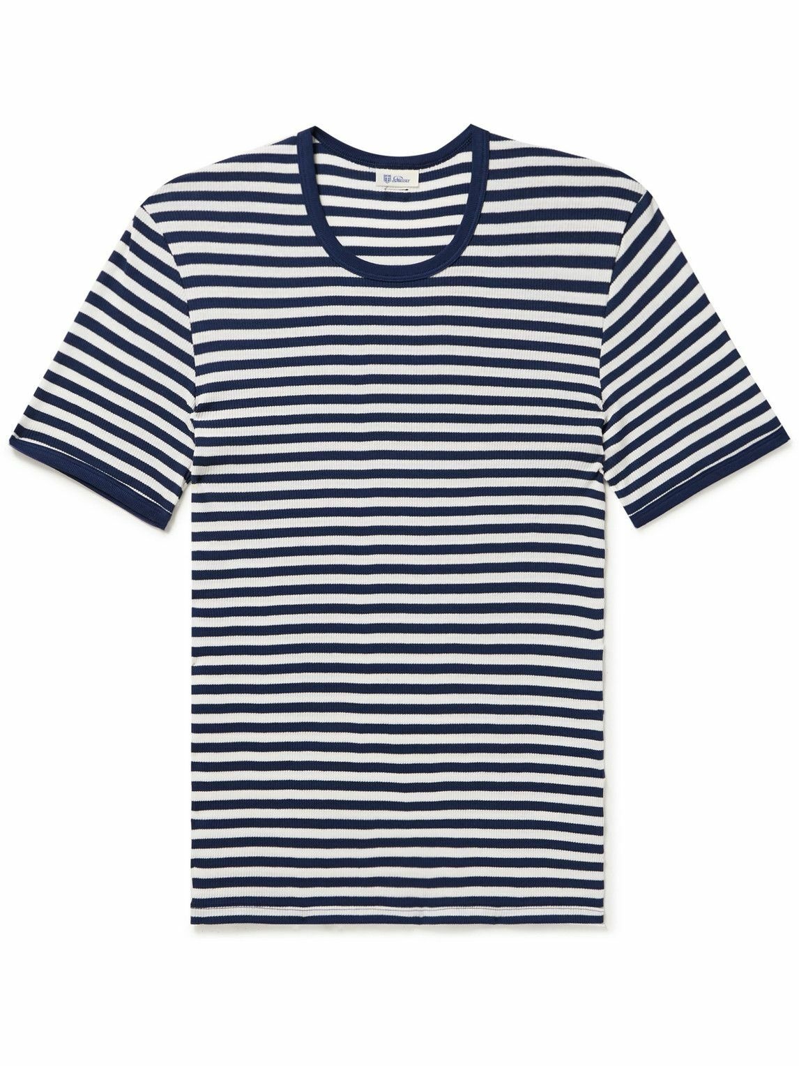 Photo: Schiesser - Friedrich Slim-Fit Striped Ribbed Organic Cotton-Jersey T-Shirt - Blue