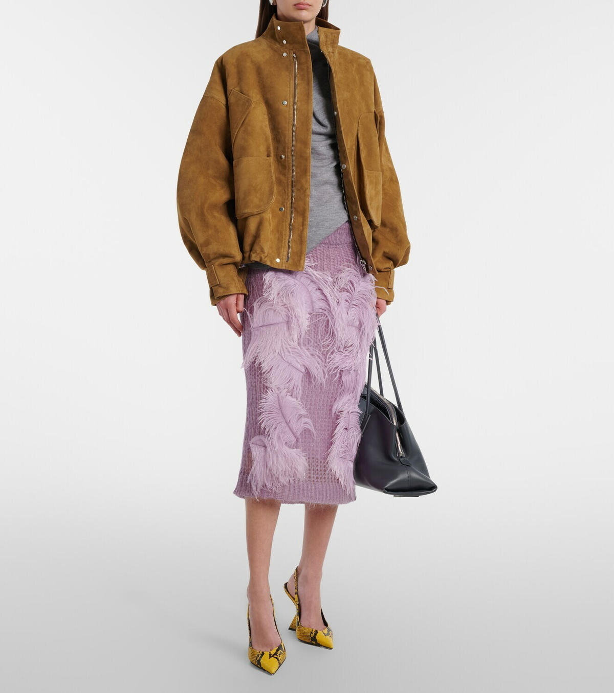 The Attico Feather-trimmed knitted midi skirt