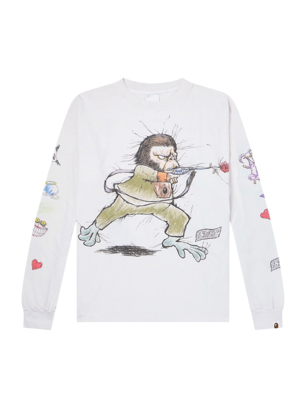 Photo: SAINT MXXXXXX - BAPE® Running Printed Distressed Cotton-Jersey T-Shirt - White
