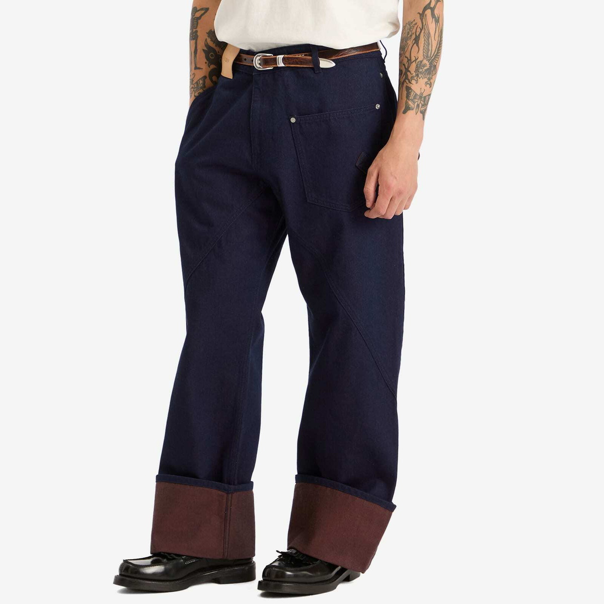 JW Anderson Men's Turn Up Twisted Workwear Jeans in Blue/Red JW